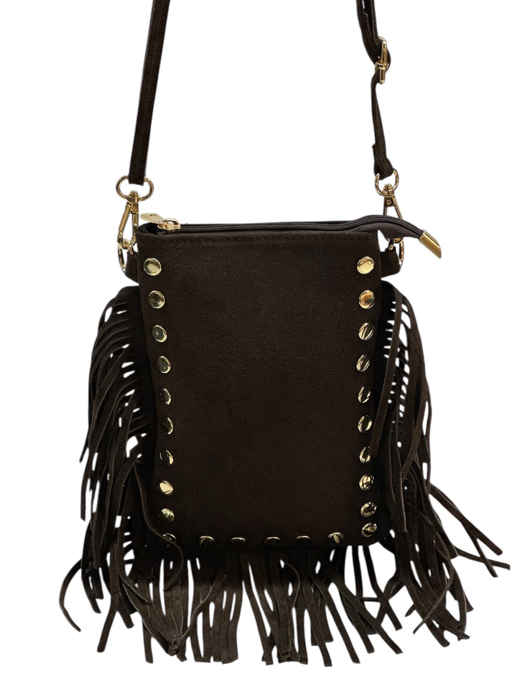 HE964 Dark Brown Studded Fringe Suede Crossbody Bag