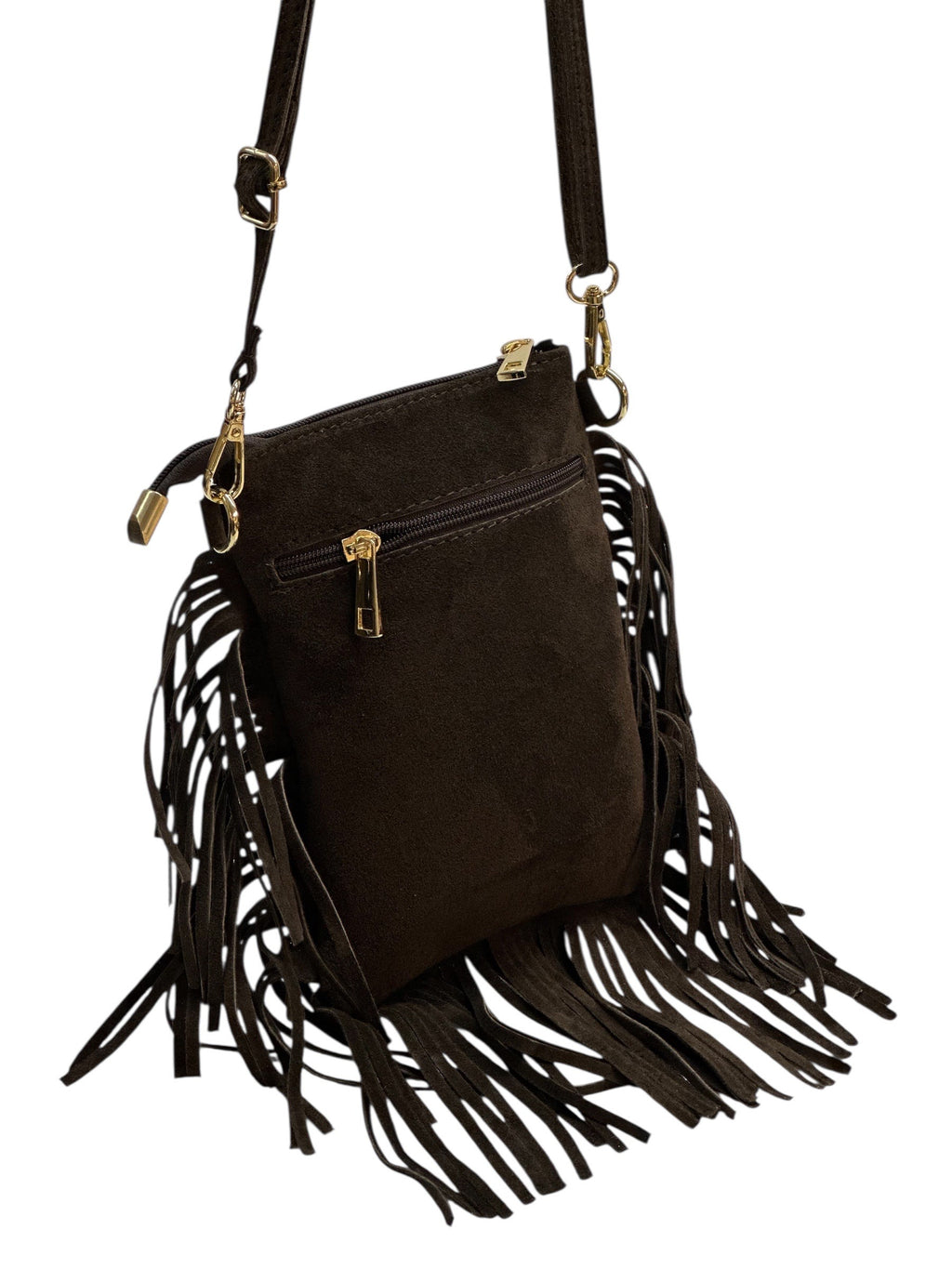 HE964 Dark Brown Studded Fringe Suede Crossbody Bag