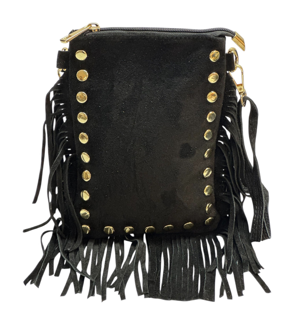 HE965 Black Studded Fringe Suede Crossbody Bag