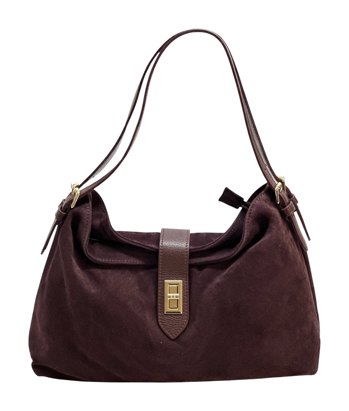 HE969 Burgundy Turn-Lock Suede Shoulder Bag