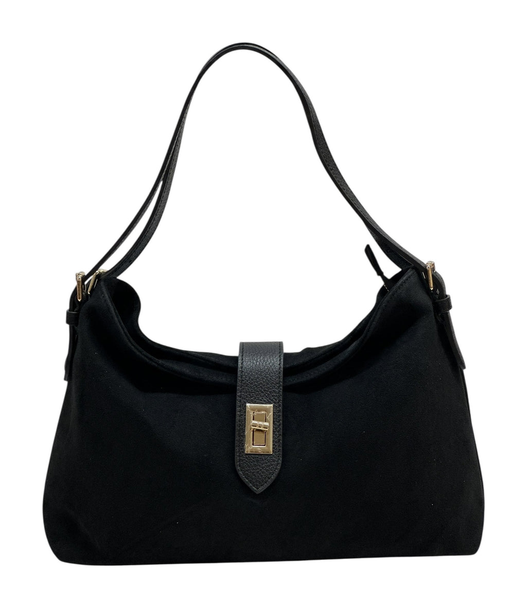 HE971 Black Turn-Lock Suede Shoulder Bag