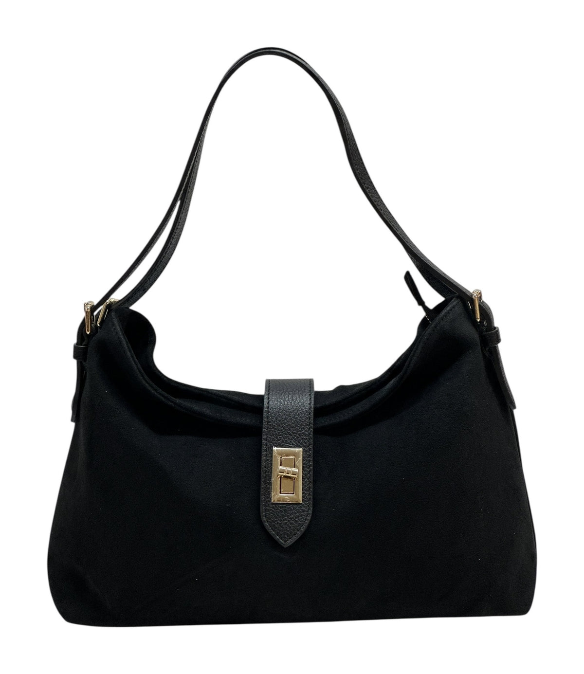 HE971 Black Turn-Lock Suede Shoulder Bag
