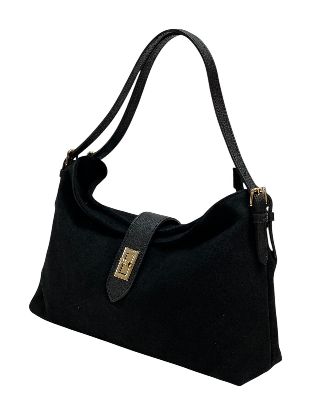 HE971 Black Turn-Lock Suede Shoulder Bag