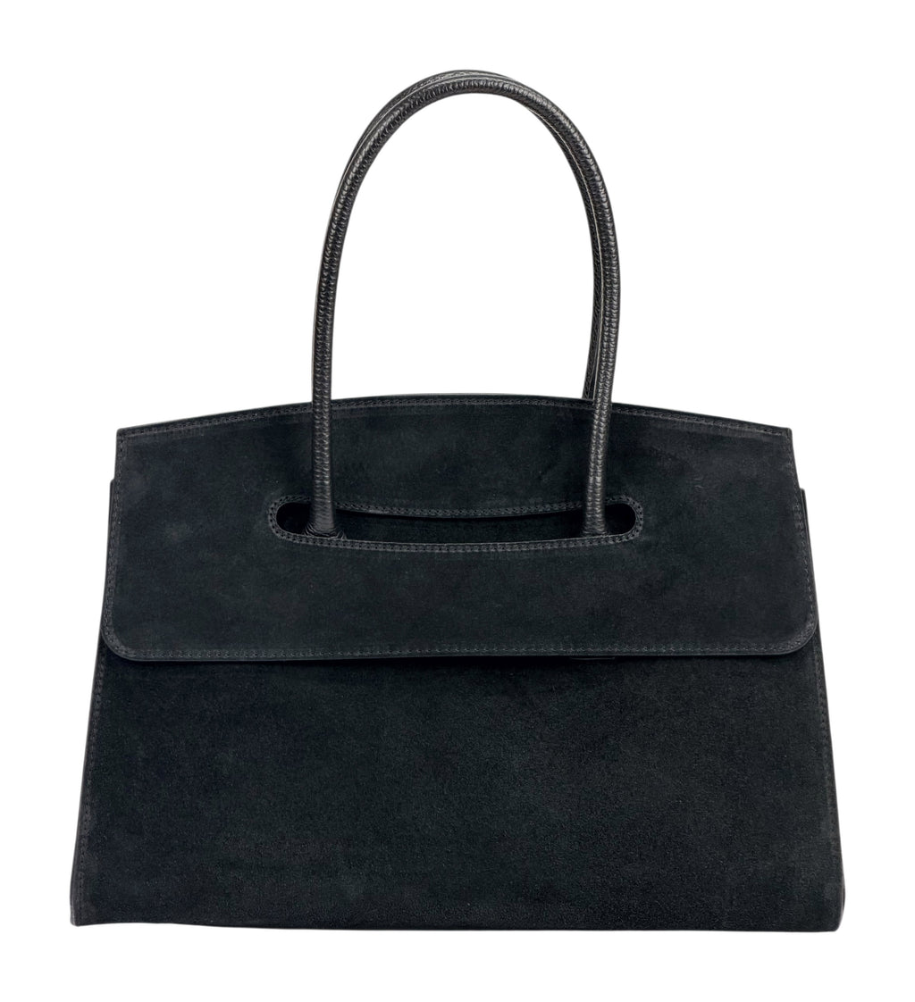 HE985 Black Flap Suede Top Handle Bag