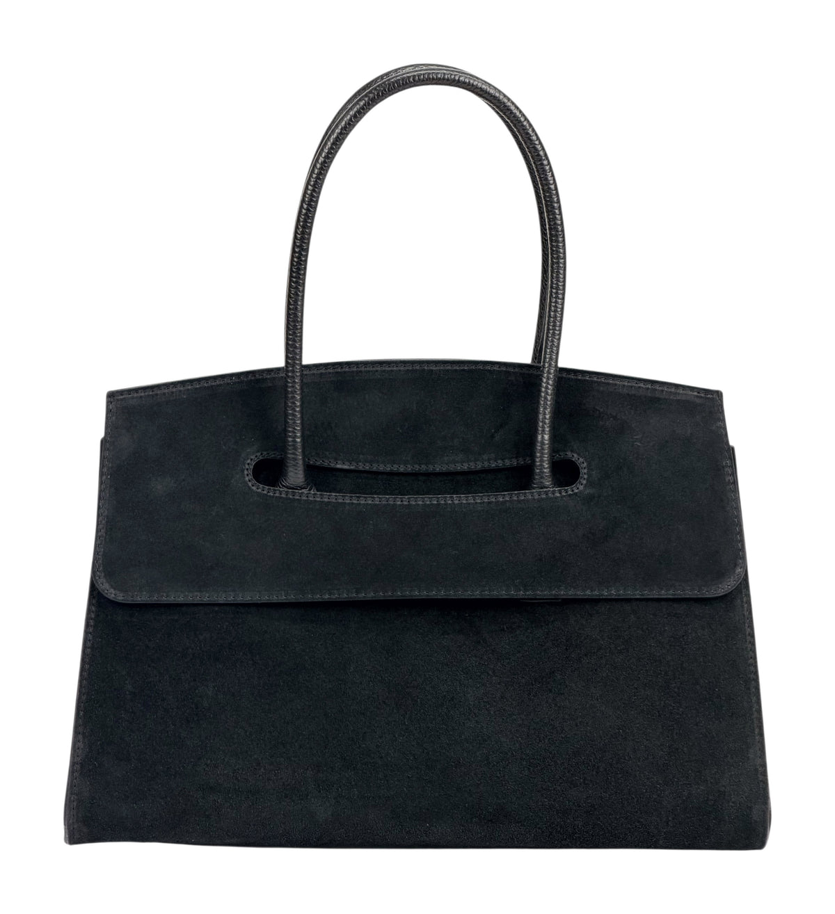 HE985 Black Flap Suede Top Handle Bag
